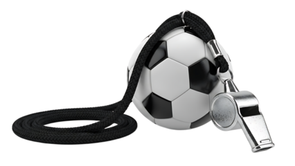 A soccer ball shaped whistle with a black cord on a black background