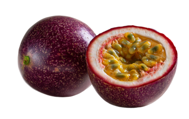 Fresh passion fruit displayed whole and sliced highlighting vibrant color, tender flesh, and exotic edible appeal isolated on transparent background PNG