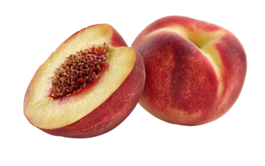 Natural peach presented with cut section showing seed, soft flesh, and plant based fruit characteristics isolated on transparent background PNG