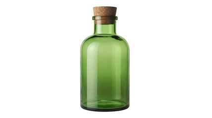 Green glass bottle with cork stopper and neck isolated on a transparent background