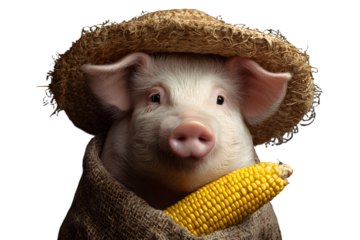 a pig wearing a straw hat and holding a corn cob