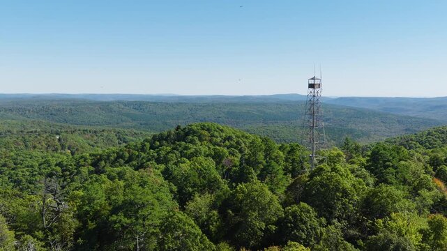 Aerial dolly to Devils Knob Lookout rising above dense Arkansas forest under clear skies with hawk soaring