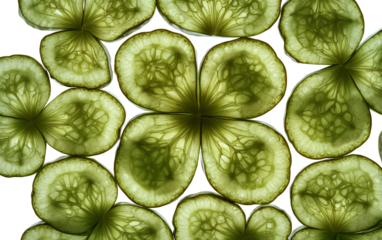 Natural pickle slices presented in radial formation showcasing tangy taste, color, and snack or recipe appeal isolated on transparent background PNG