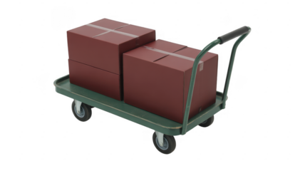 Green hand truck with red boxes cart isolated on a transparent background