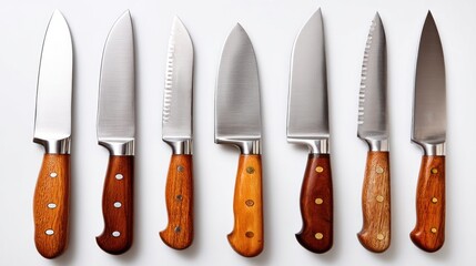 A top-down view showcases a selection of seven kitchen knives, each with a polished steel blade and wooden handle, arranged against a white backdrop