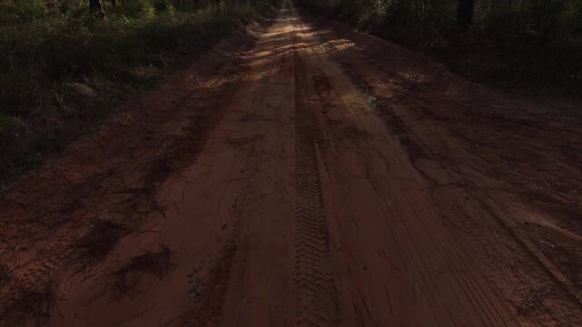 Rust colored dirt road stretches out, trees line rugged backcountry route, soft sunflare, aerial dolly tilt up