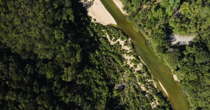 Devils Backbone Wilderness With A River In The Mark Twain National Forest In Missouri, USA. Aerial Topdown Shot