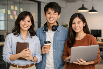Three young, smiling professionals pose in a modern office. Diverse team ready to innovate and collaborate, equipped for a successful workday.