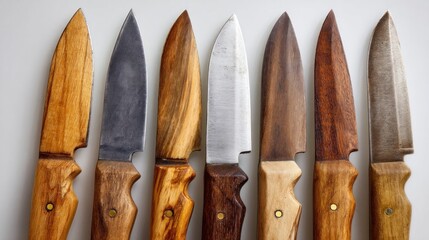 A close-up showcases seven knives, each featuring uniquely grained wooden handles and varying steel blades laid out on a white surface