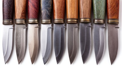 Close-up of nine handcrafted knives with varied wooden handles and silver blades lined up on a white surface, showcasing craftsmanship