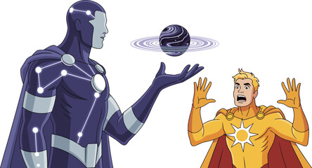 Vector Illustration of a Giant Purple Celestial Hero Holding a Planet Next to a Terrified Golden Sun Superhero © Shilpi