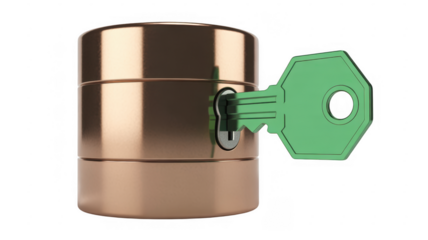Green key unlocking copper safe security metal safe isolated on a transparent background