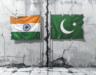 Two torn flags, India and Pakistan, adorn a crumbling concrete wall with a stark dividing crack down the middle