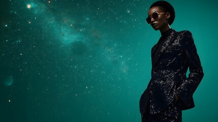 Woman Standing Against Starry Night Sky Background