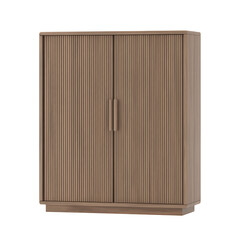 Wooden cabinet with ribbed doors and gold handles on transparent background