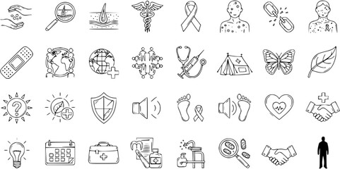 Medical and Health Doodles Vector Icon Set: Hand-drawn Black and White Line Art Collection of Healthcare, Disease Awareness, Wellness, and Global Health Symbols