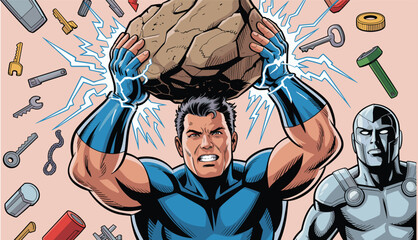 Comic Vector Illustration of a Strong Superhero Lifting a Giant Boulder While Surrounded by Flying Tools and Keys © Shilpi