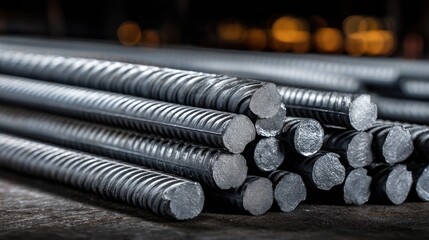 Close-up shot of several thick steel rods with a ridged surface, stacked and bundled together against a blurred backdrop