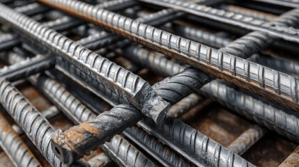 Fototapeta premium Close-up of an industrial metal grid, showcasing a complex structure of intersecting, textured bars, partially rusted, emphasizing the geometric pattern