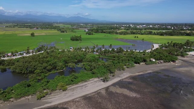 Scenic aerial drone footage of Roxas in Oriental Mindoro, Philippines showing sandy beaches, green rice fields and mountains in the background, perfect tropical landscape view.