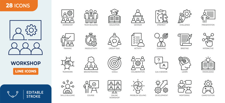 Workshop line editable icon set. Containing training, learn, skill, coaching, motivation, meeting, presentation, and more. Editable stroke. Vector illustration