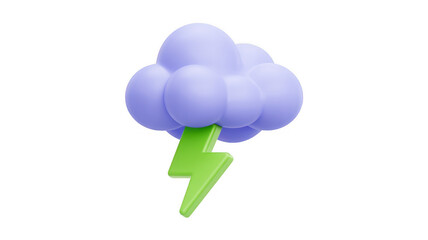 Green lightning bolt under cluster of purple clouds isolated on a transparent background