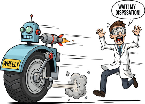 Vector Illustration of a Panicked Scientist Chasing a Fast Rocket Powered Unicycle Robot Named Wheely in a Lab
