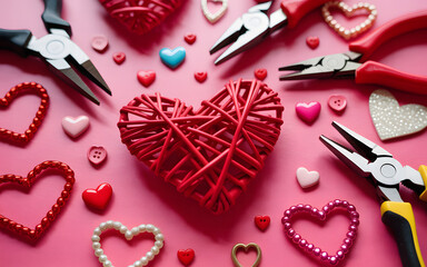Heart Shape Made of Red Strings on Pink Background