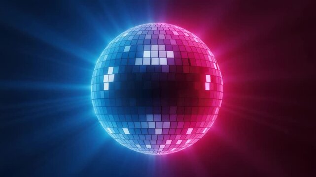 Disco ball with blue and pink neon lights rotating on dark background