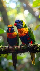 Two vibrant, colorful parrots perched on a mossy branch amidst a lush, green forest