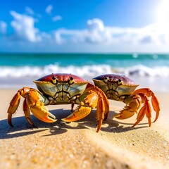 Two vibrant crabs sit on sun-kissed sand, with turquoise sea and a fluffy sky backdrop