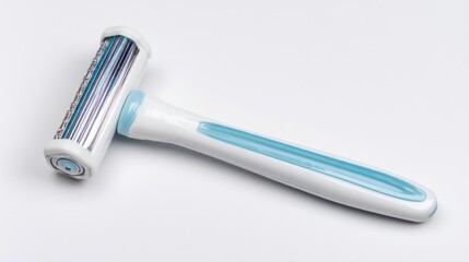 Close-up of a blue & white razor w/multiple blades against a bright white seamless background