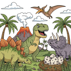 Cartoon Dinosaur Landscape: T-Rex, Stegosaurus, and Triceratops with Volcano and Eggs © fiqri