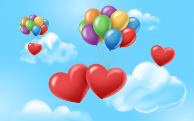 Colorful Heart Balloons Floating in Blue Sky