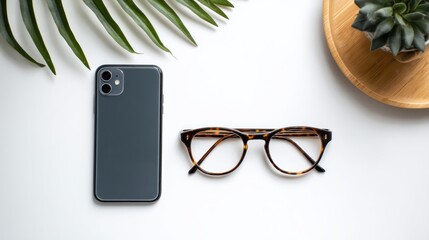 A flat lay featuring a dark phone, tortoiseshell glasses, a green leaf, and a succulent plant on a wooden tray, all on a white background