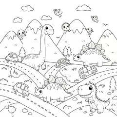 Cute Cartoon Dinosaurs and Cars on Winding Mountain Roads Coloring Page or Activity Sheet © fiqri