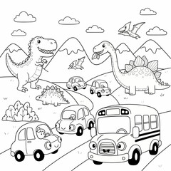 Coloring Page: Cartoon Dinosaurs Interacting with Friendly Cars and School Bus on a Mountain Road © fiqri