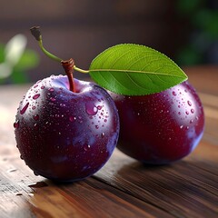 Two vibrant plums, one with a leaf, sit on a wooden table with water droplets