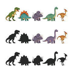 Cartoon Dinosaur Collection with Matching Silhouettes for Education and Games © fiqri