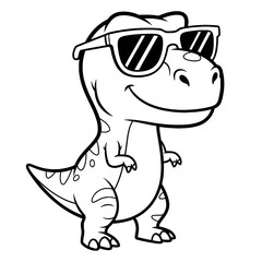 Fototapeta premium Cartoon T-Rex Dinosaur Wearing Sunglasses - Black and White Outline Vector