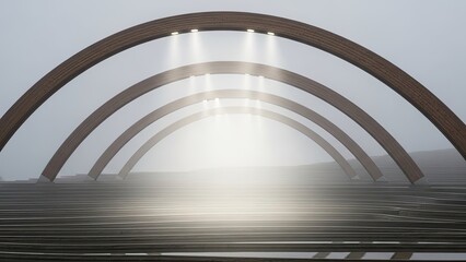 Obraz premium Modern architectural structure with multiple wooden arches illuminated by soft lighting in a foggy