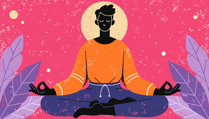 Serene man meditating in peaceful lotus position with closed eyes