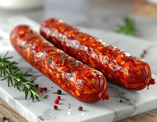 Two vibrant sausages with herbs rest on a white marble slab, showing their rich texture in a blurred background