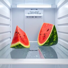 Two watermelon slices sit on a glass shelf in a pristine, empty refrigerator, illuminated by a bright light