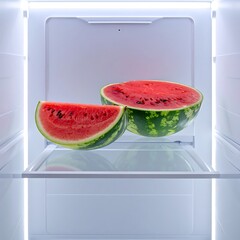 Two watermelon slices sit on a glass shelf inside a brightly lit refrigerator