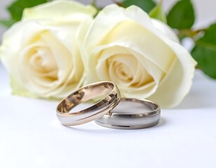 Two wedding bands are set on a white surface with white roses softly focused in the background