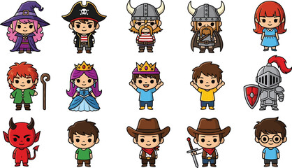 Cute cartoon fantasy characters set illustration, kids costumes collection with pirate, knight, princess, witch, cowboy, viking, wizard, and fairy tale © MDBELAL