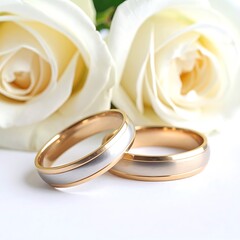 Two wedding bands with white roses, resting on a bright white surface in a close-up, celebratory arrangement