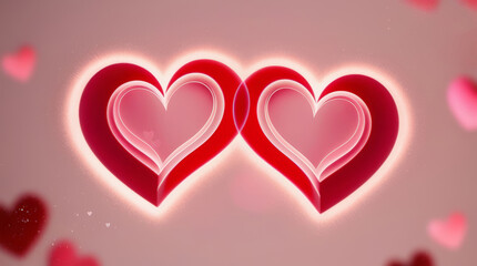 Two glowing red heart shapes floating on a soft pink background, luminous edges, subtle blur and light particles, romantic Valentine&rsquo;s Day theme