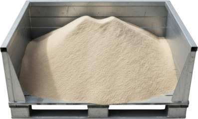 A large pile of light brown granular material fills a metallic industrial bin resting on a pallet showcasing raw bulk storage sand heap container construction dry loose aggregate fine